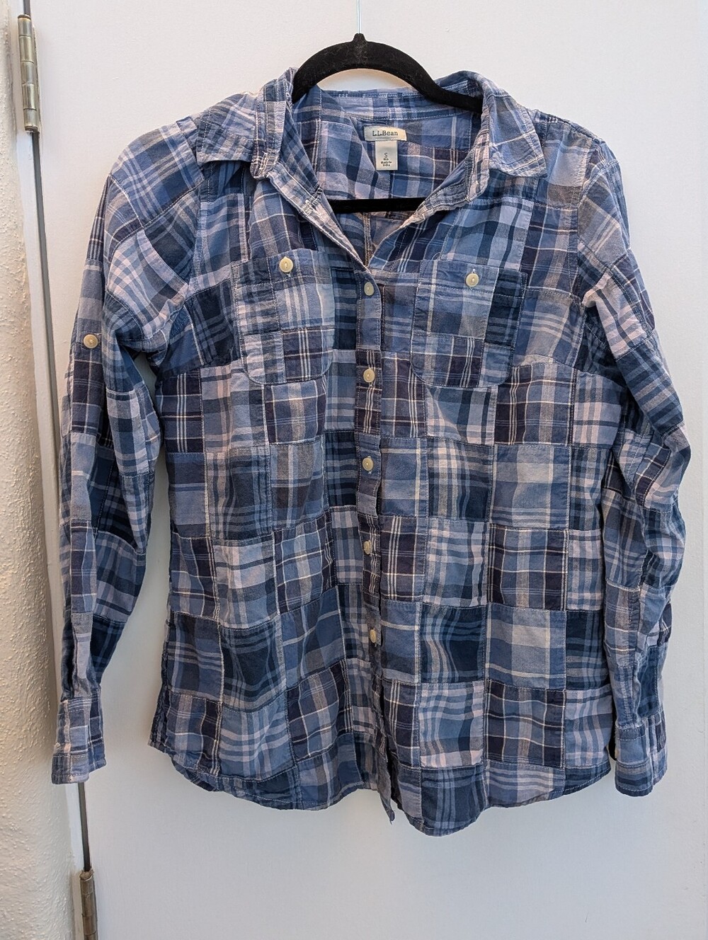 L.L. Bean Blues Madras Plaid Button-Front Shirt, Cotton, Women's Small, Pockets